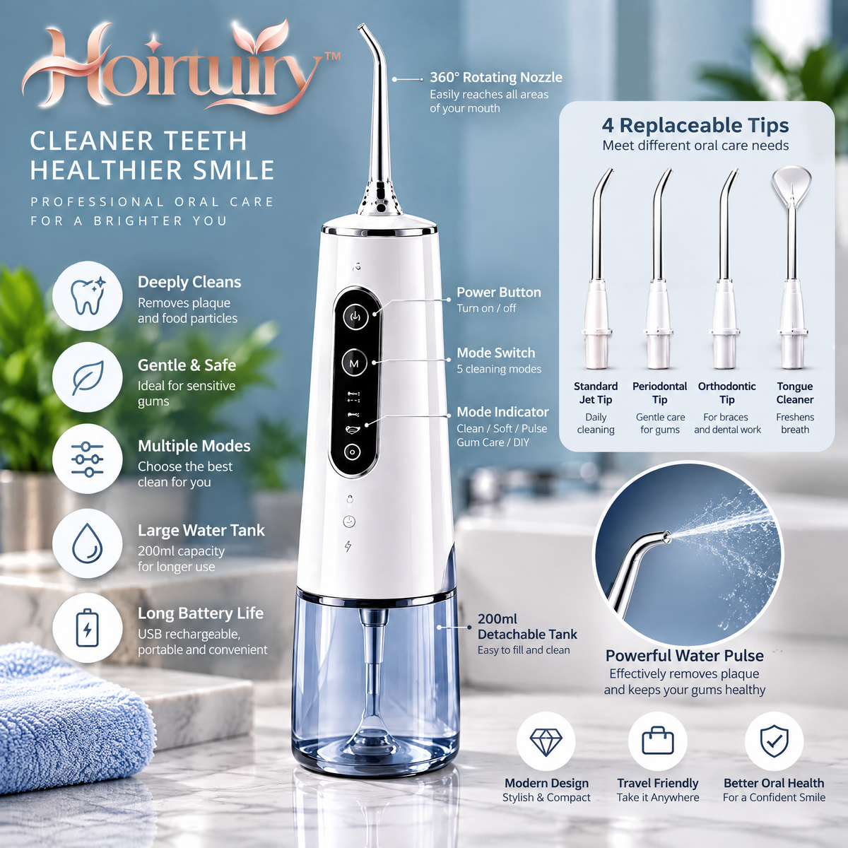 Hoirtuiry™ Portable Cordless Water Flosser for Daily Oral Care